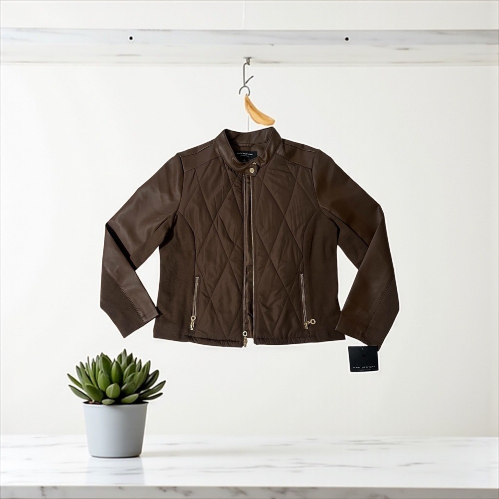 Marc‎ New York Jacket Faux Leather Quilted Dark Earth Moto Biker Large